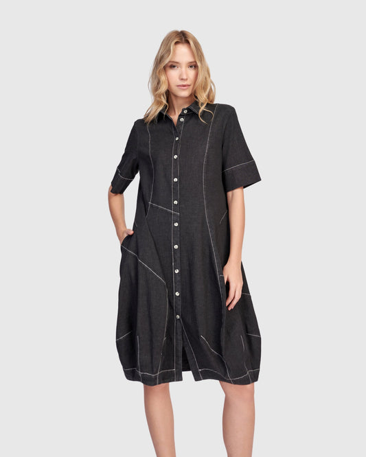 Barb Denim Shirtdress, Black