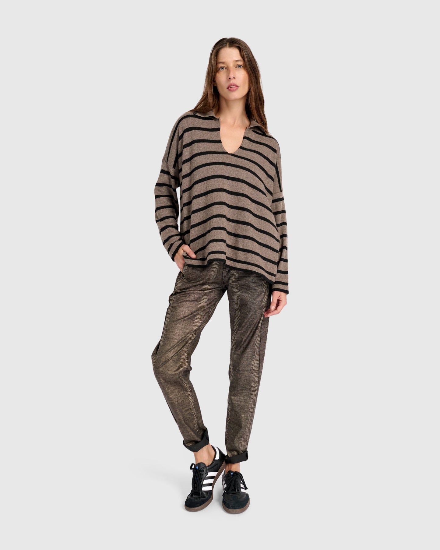 Surfside Collared Sweater, Latte Stripes