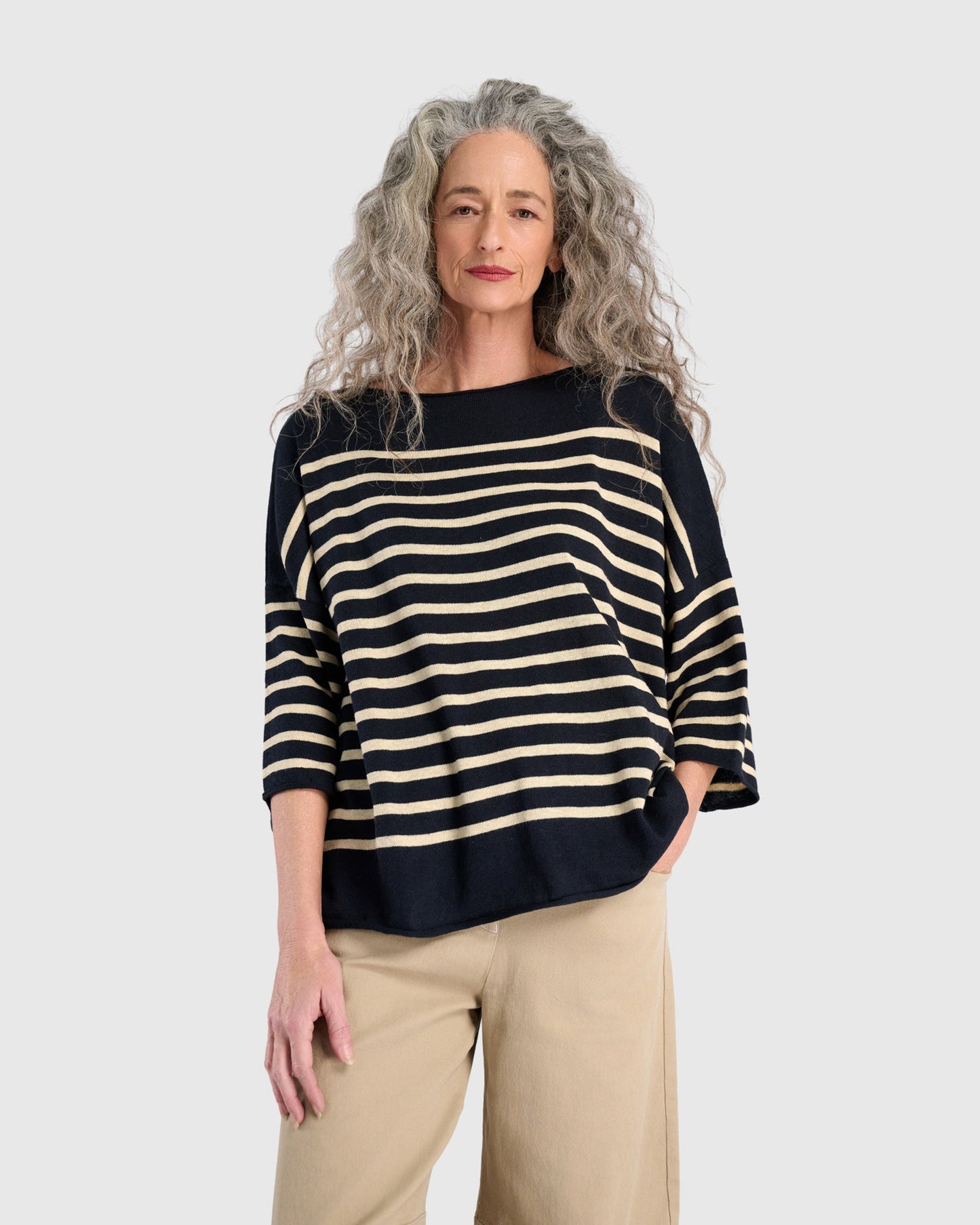 Carolina Relaxed Sweater, Navy/Cream