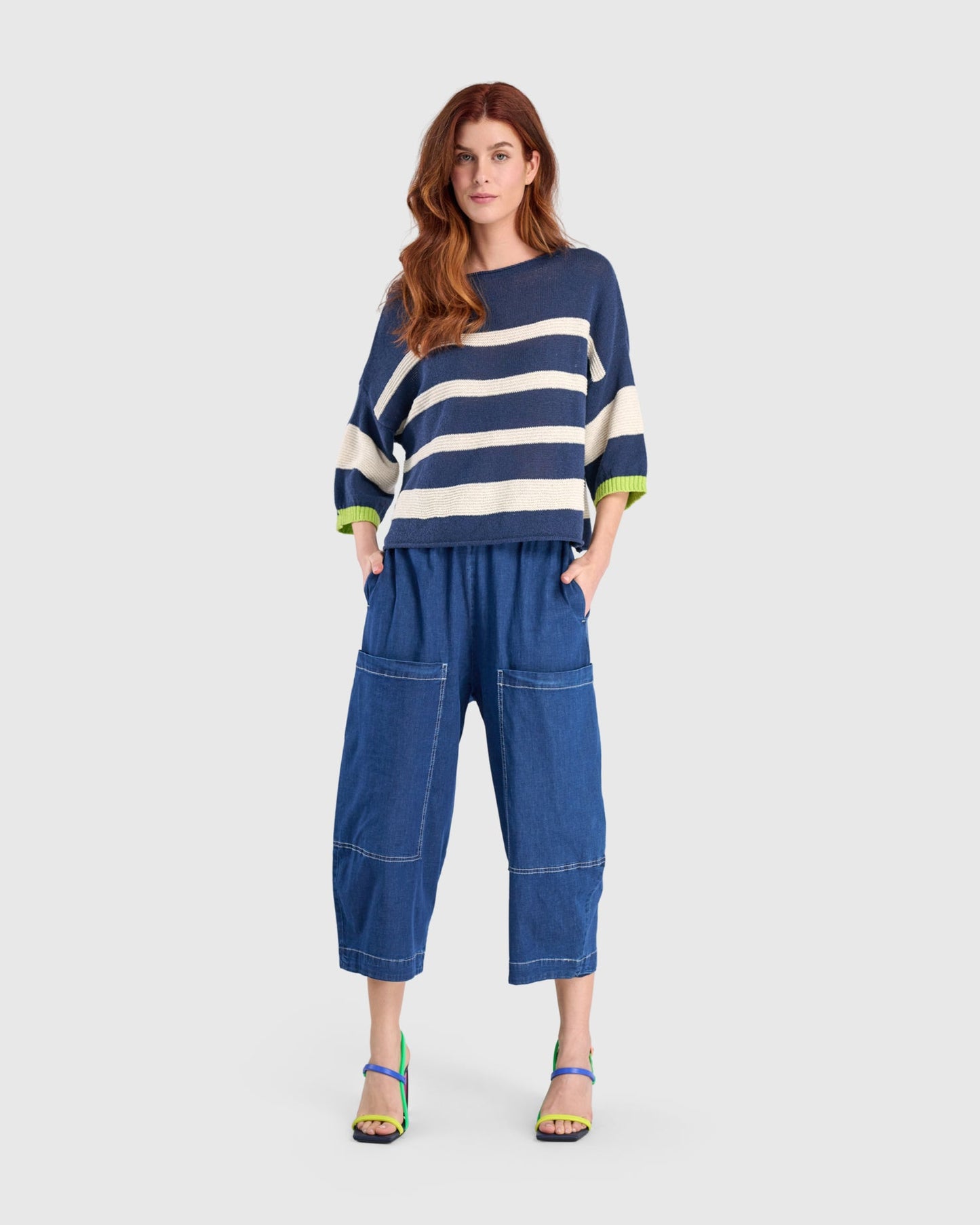 Boxy Stripes Sweater, Blue/Cream