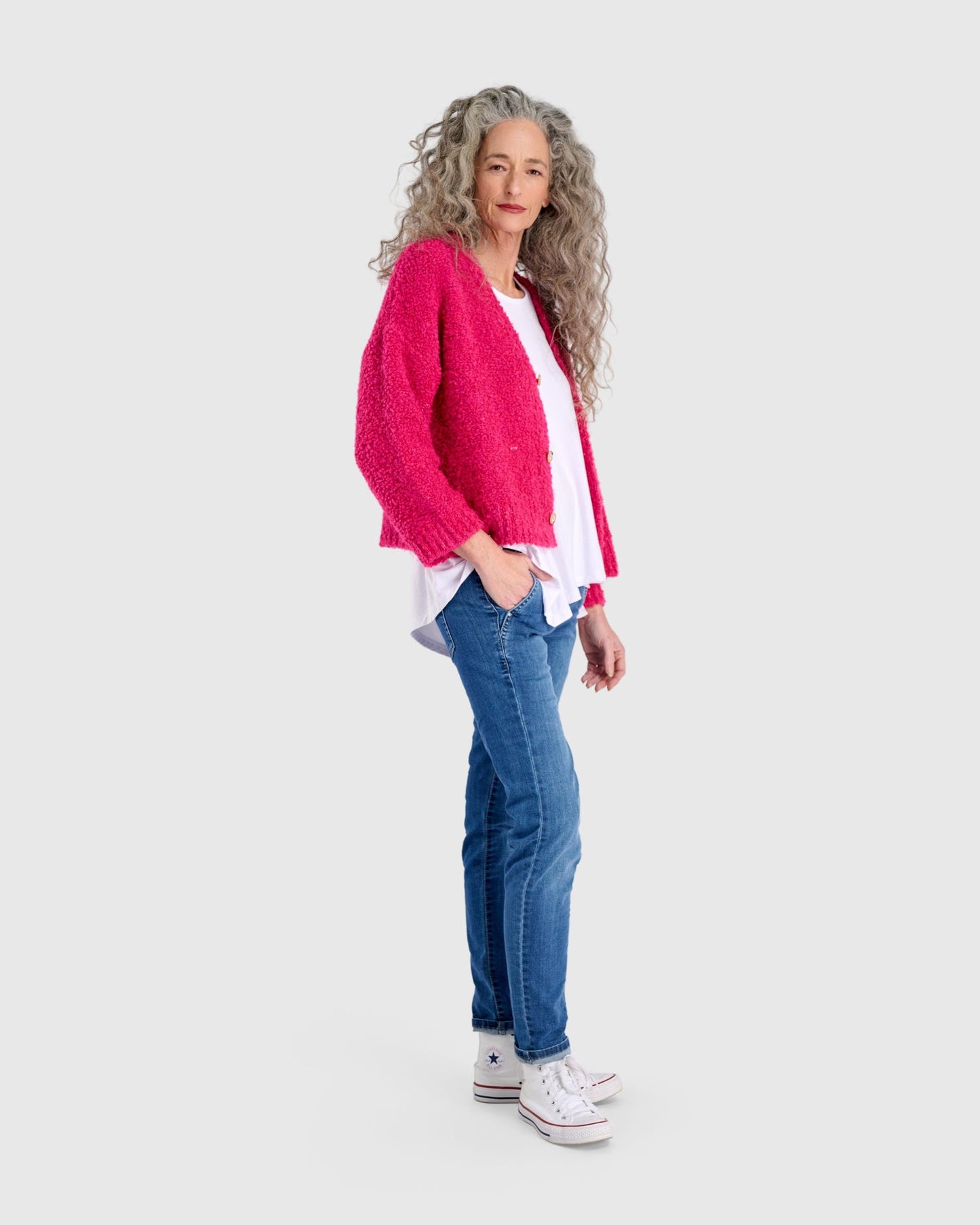 Teddy Boucle Cardigan, Fuchsia